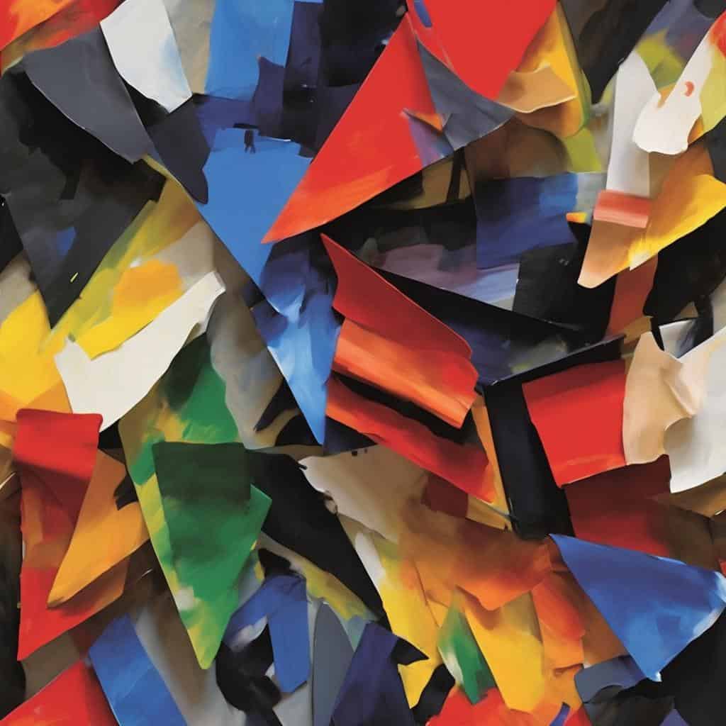 Πολύχρωμα κομμάτια υφάσματος σε αφηρημένη τέχνη και εσωτερική έκφραση με υλικό.
