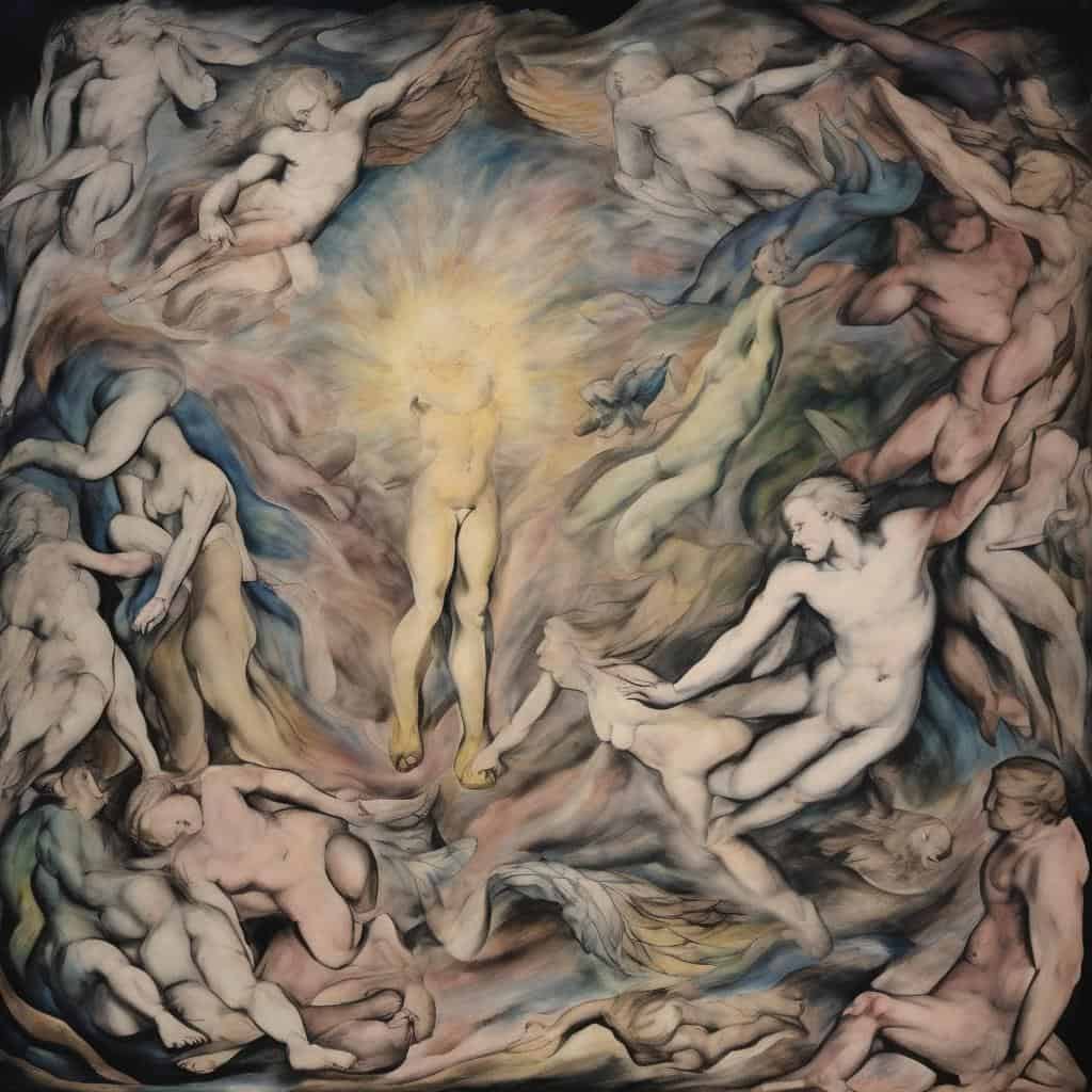 Λιθογραφία με ανθρώπινα σώματα και πνευματική έκφραση, τέχνη και εσωτερική δημιουργικότητα.