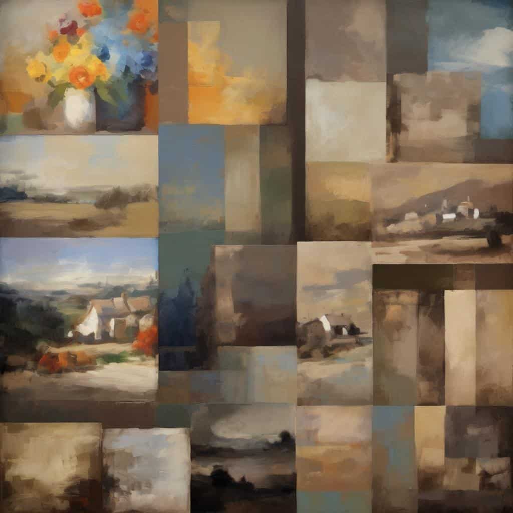 Ράφια με πολύχρωμα λουλούδια και αφηρημένες εικόνες τοπίου σε ανοιχτό και γήινο τόνο.