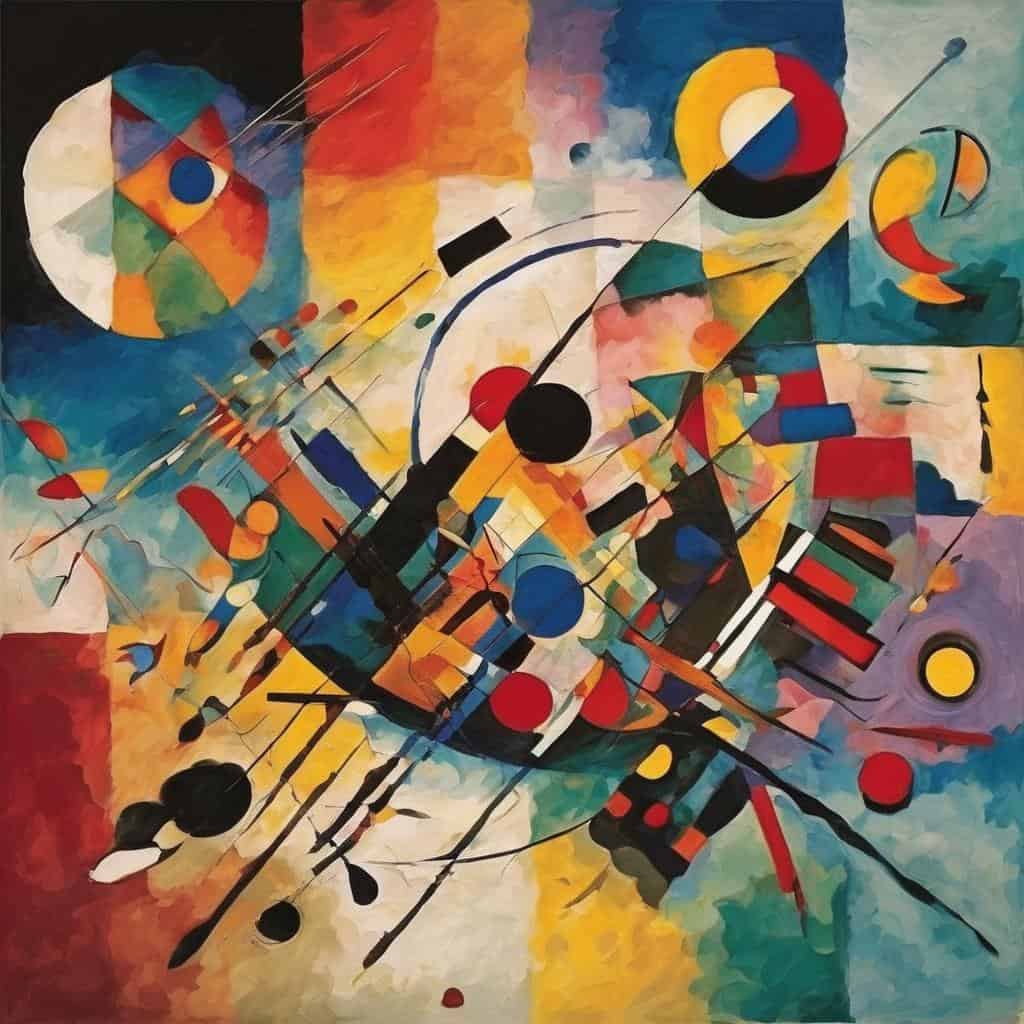 Ζωγραφικό έργο αφηρημένης τέχνης με γεωμετρικά σχήματα και δυνατά χρώματα, έκφραση χρησιμοποιώντας ύλη ως μέσο εσωτερικής έκφρασης.